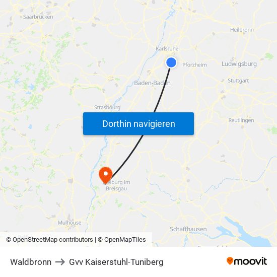 Waldbronn to Gvv Kaiserstuhl-Tuniberg map