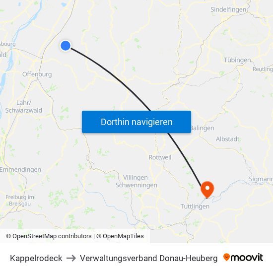 Kappelrodeck to Verwaltungsverband Donau-Heuberg map