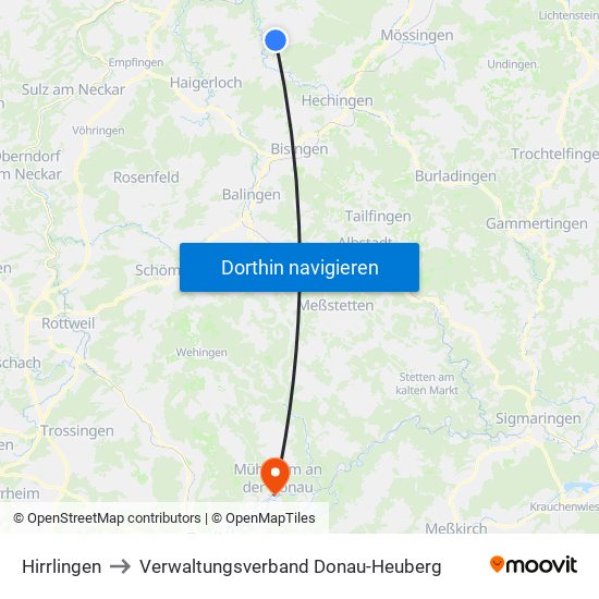 Hirrlingen to Verwaltungsverband Donau-Heuberg map