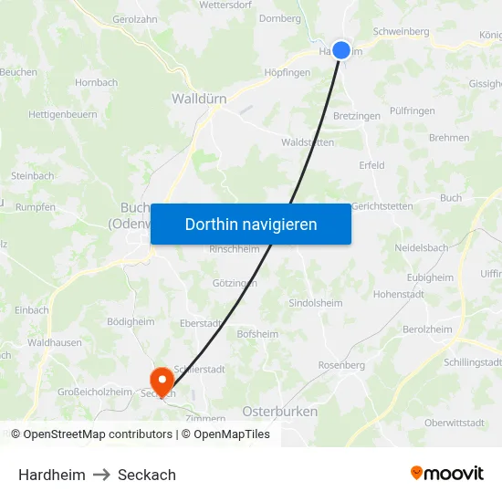 Hardheim to Seckach map