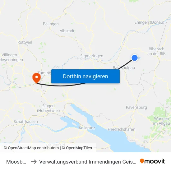 Moosburg to Verwaltungsverband Immendingen-Geisingen map