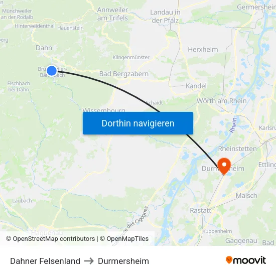 Dahner Felsenland to Durmersheim map