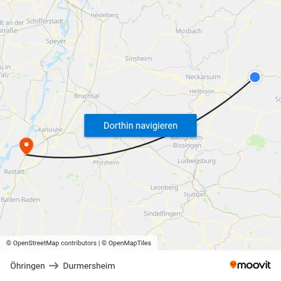 Öhringen to Durmersheim map