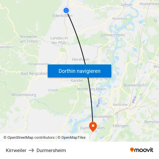 Kirrweiler to Durmersheim map
