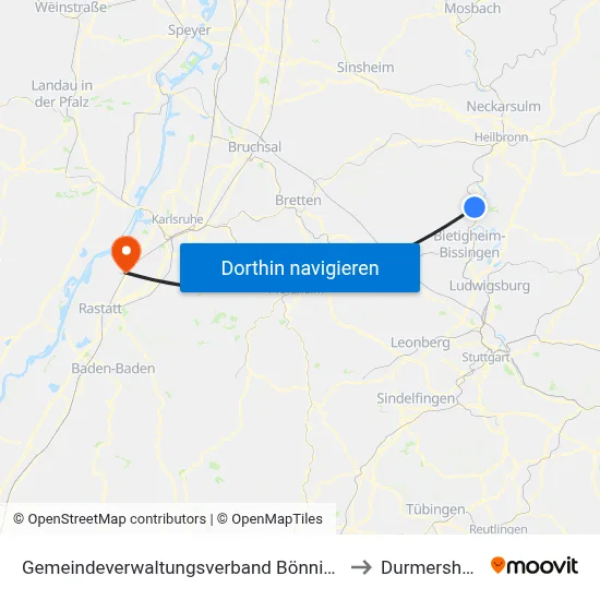 Gemeindeverwaltungsverband Bönnigheim to Durmersheim map