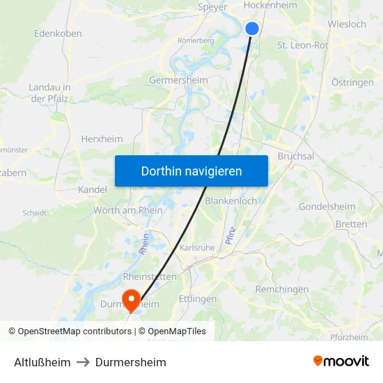 Altlußheim to Durmersheim map