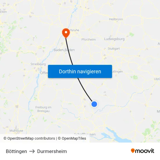 Böttingen to Durmersheim map