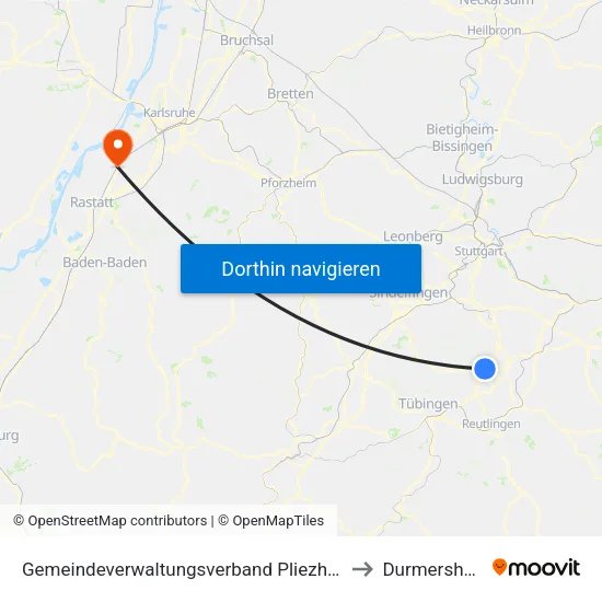Gemeindeverwaltungsverband Pliezhausen to Durmersheim map