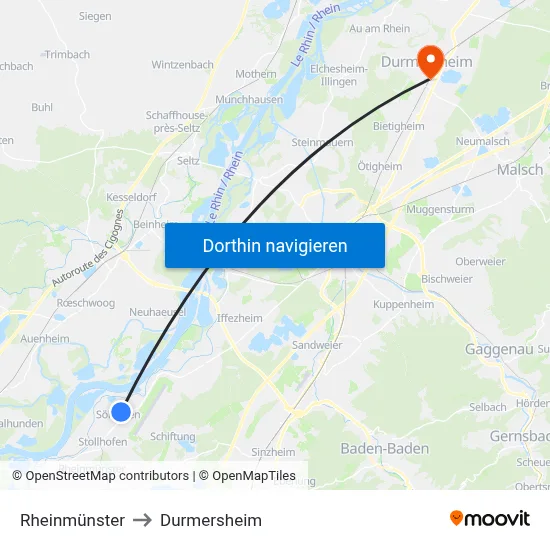 Rheinmünster to Durmersheim map