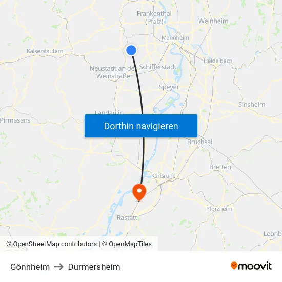 Gönnheim to Durmersheim map