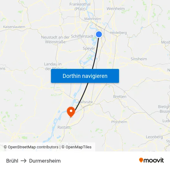 Brühl to Durmersheim map