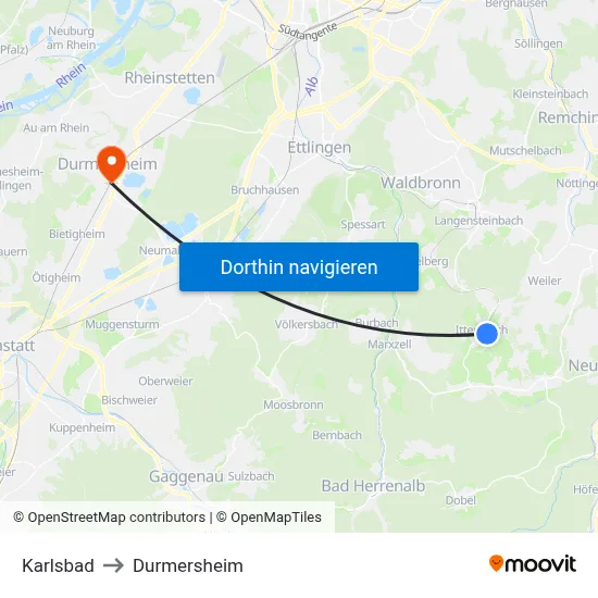 Karlsbad to Durmersheim map