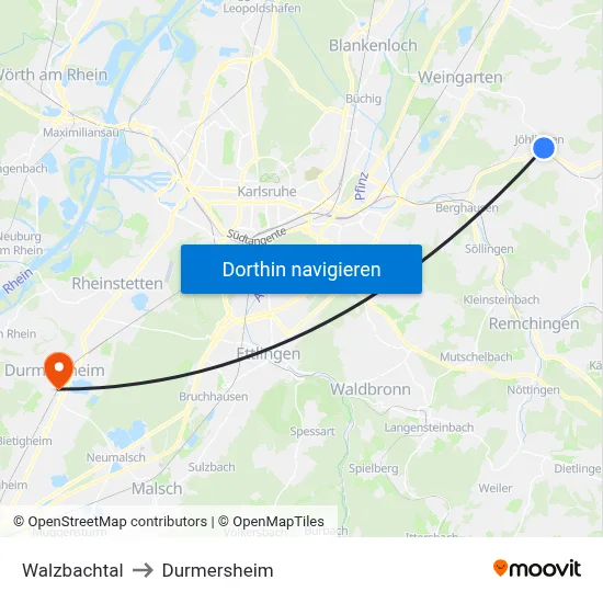 Walzbachtal to Durmersheim map