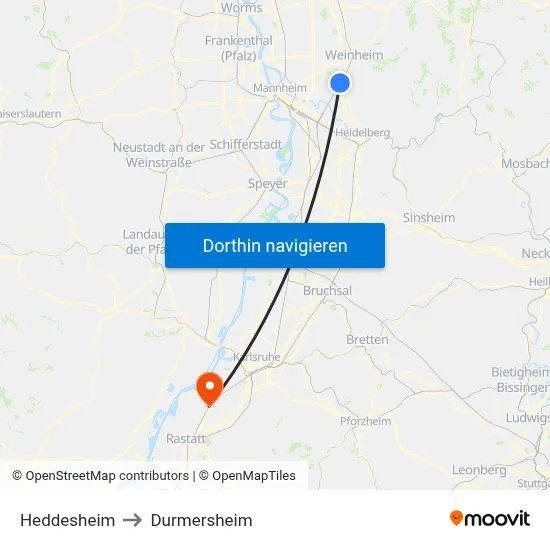 Heddesheim to Durmersheim map