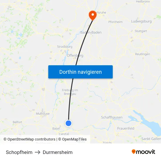 Schopfheim to Durmersheim map