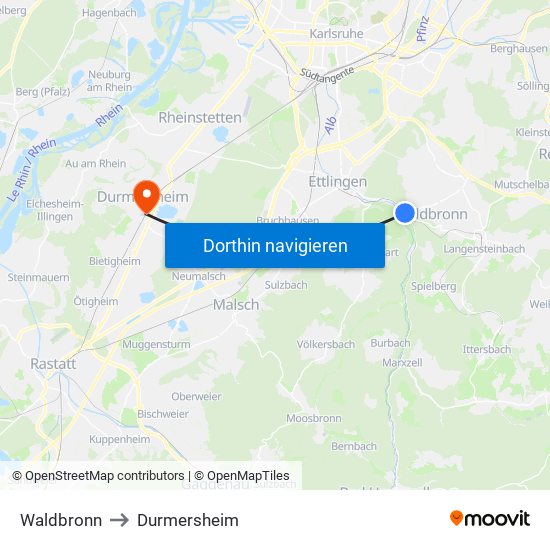 Waldbronn to Durmersheim map