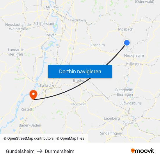 Gundelsheim to Durmersheim map