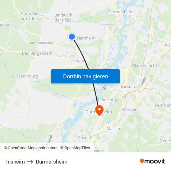 Insheim to Durmersheim map
