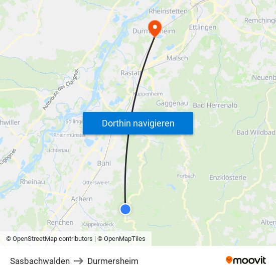 Sasbachwalden to Durmersheim map