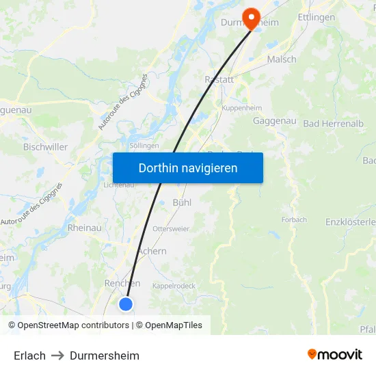 Erlach to Durmersheim map