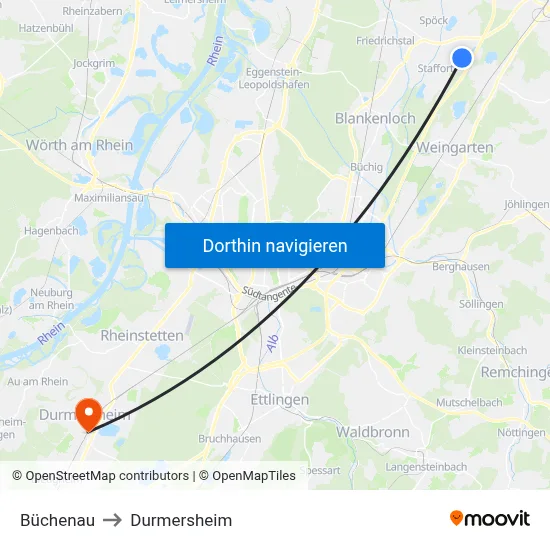 Büchenau to Durmersheim map