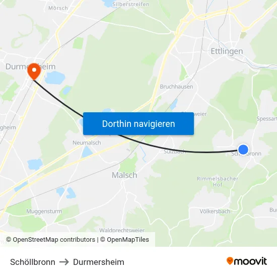 Schöllbronn to Durmersheim map