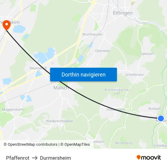 Pfaffenrot to Durmersheim map