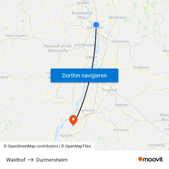 Waldhof to Durmersheim map
