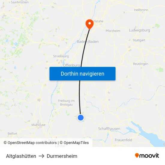 Altglashütten to Durmersheim map