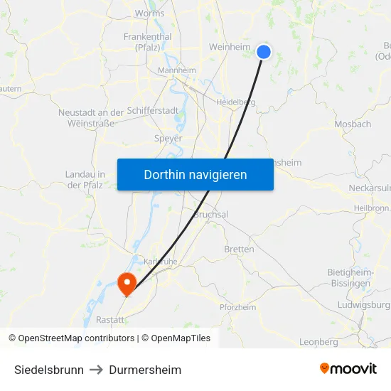 Siedelsbrunn to Durmersheim map