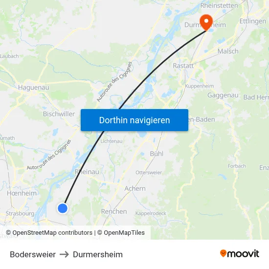 Bodersweier to Durmersheim map