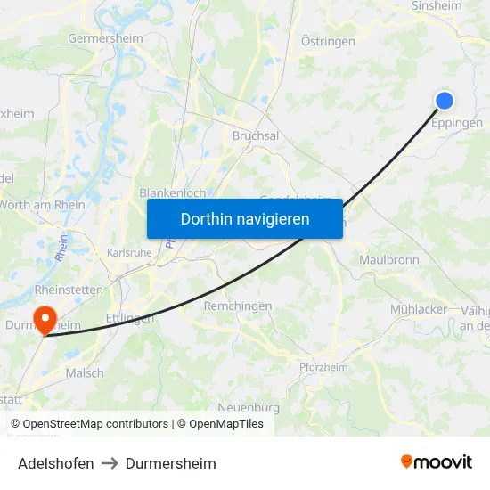 Adelshofen to Durmersheim map