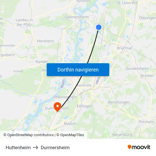 Huttenheim to Durmersheim map