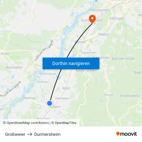 Großweier to Durmersheim map