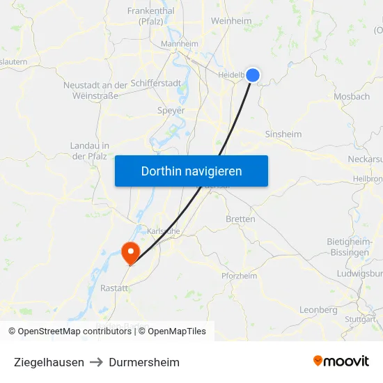 Ziegelhausen to Durmersheim map