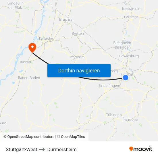 Stuttgart-West to Durmersheim map