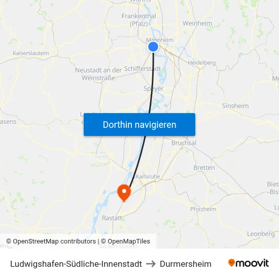 Ludwigshafen-Südliche-Innenstadt to Durmersheim map