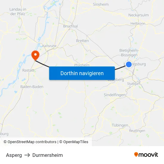 Asperg to Durmersheim map