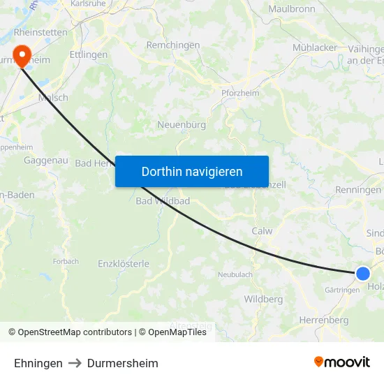 Ehningen to Durmersheim map