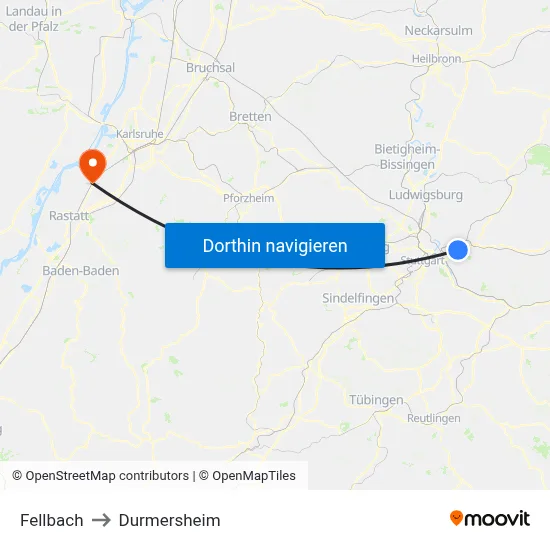 Fellbach to Durmersheim map