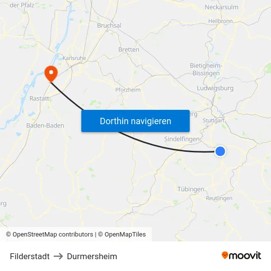 Filderstadt to Durmersheim map
