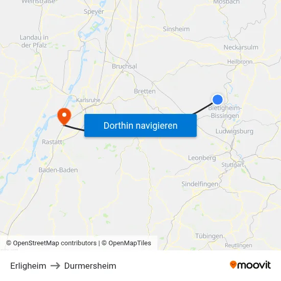 Erligheim to Durmersheim map