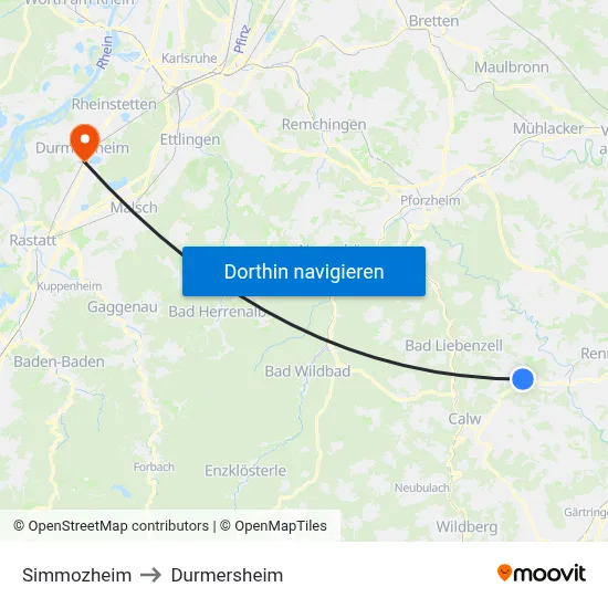 Simmozheim to Durmersheim map