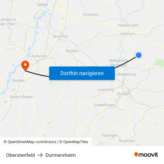 Oberstenfeld to Durmersheim map