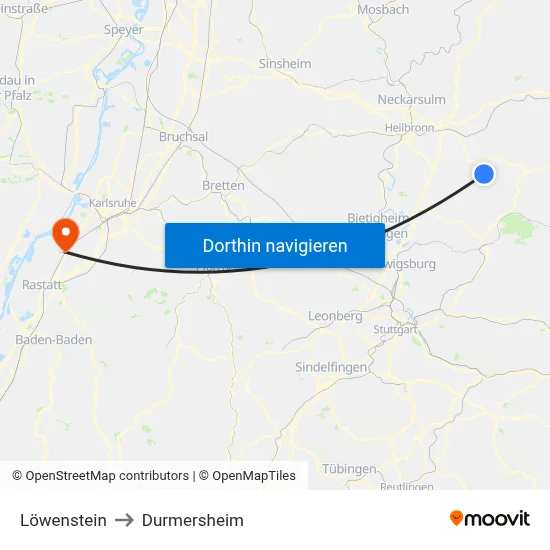 Löwenstein to Durmersheim map
