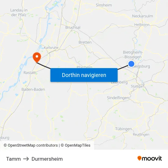 Tamm to Durmersheim map