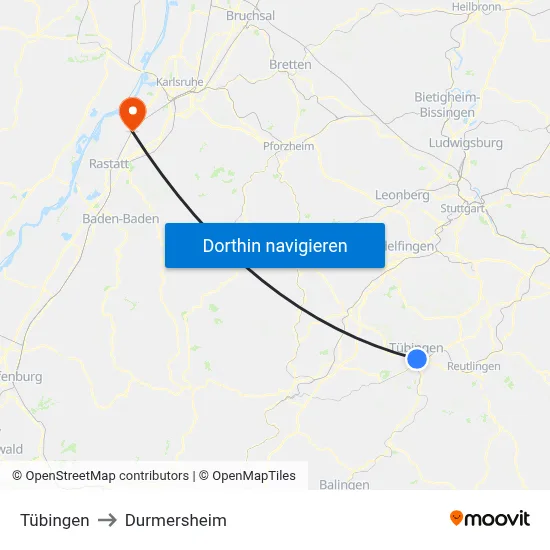 Tübingen to Durmersheim map