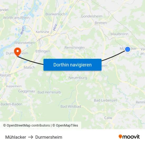 Mühlacker to Durmersheim map