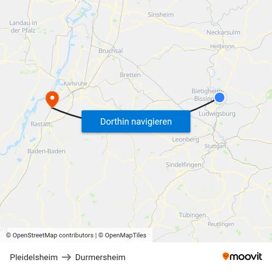 Pleidelsheim to Durmersheim map