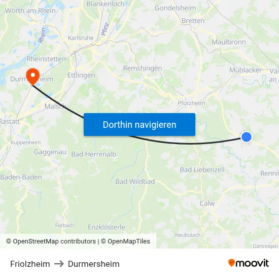 Friolzheim to Durmersheim map